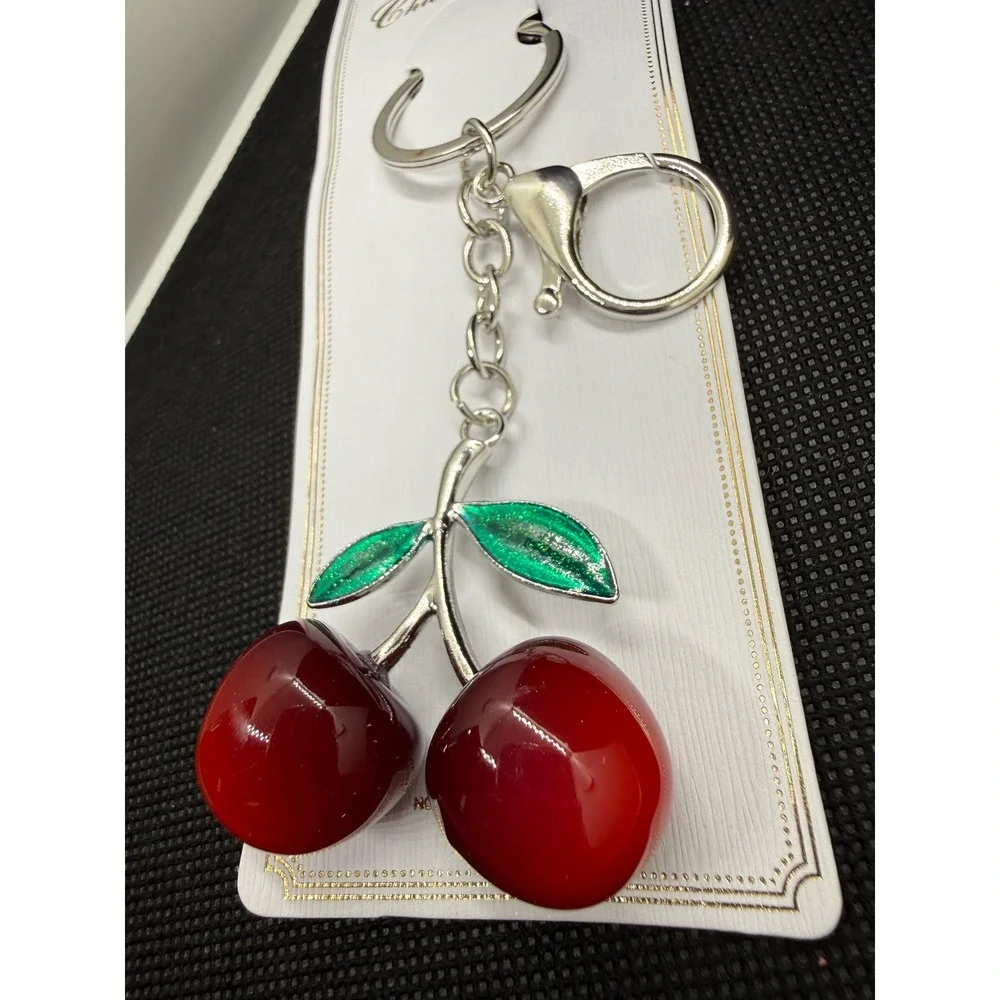 Red Cherry Keychain Silver Tone Glitter Leaf Bag Charm NEW Novelty Retro